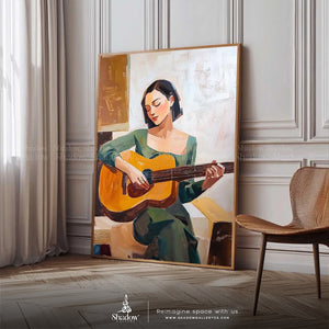 Original Girl Playing Guitar Wall Art Portrait – styled in a modern room setting