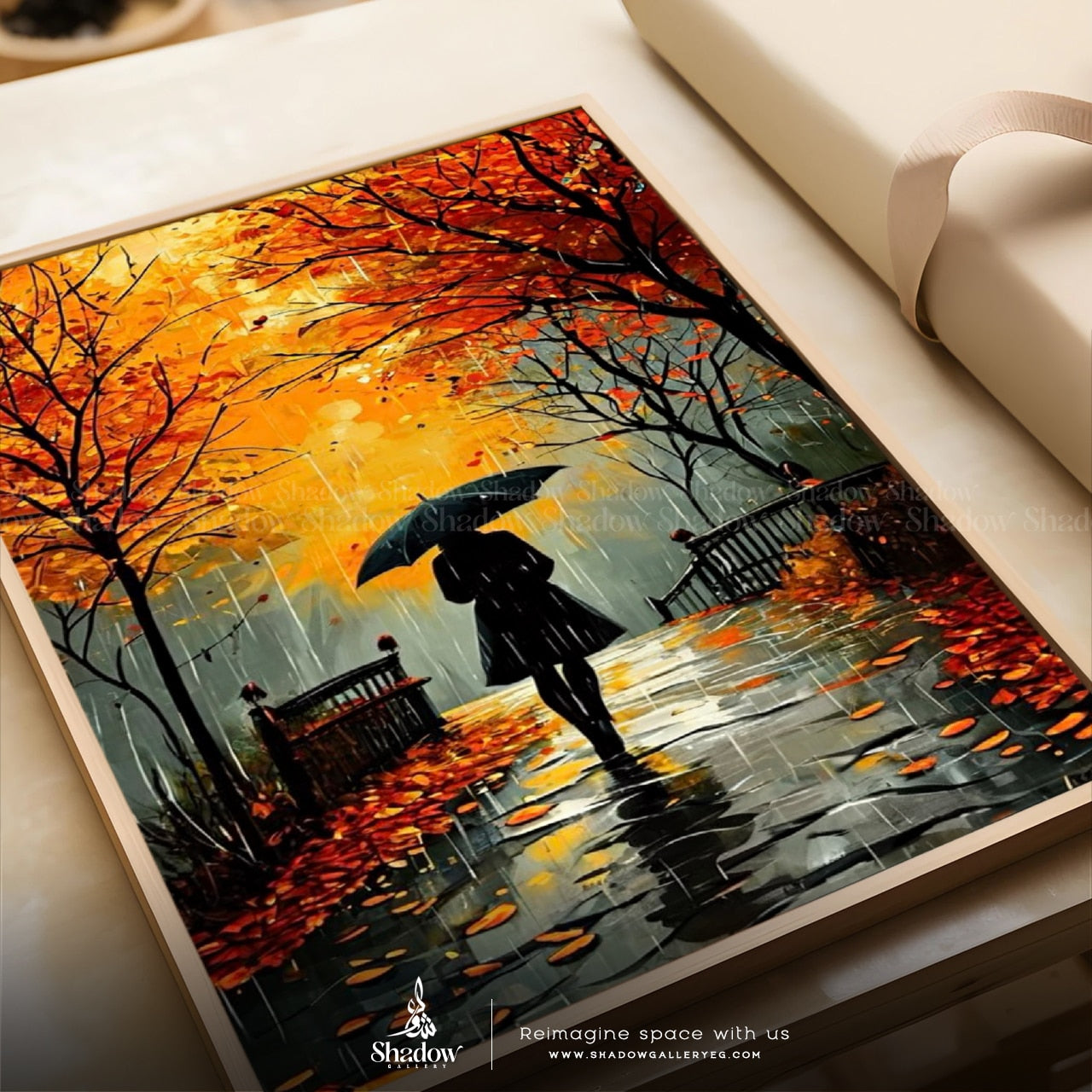 Abstract Watercolor Woman With Umbrella – styled in a modern room setting