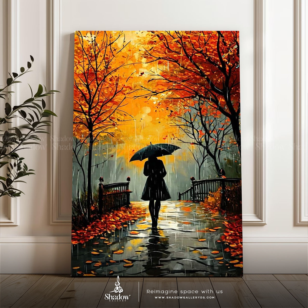 Abstract Watercolor Woman With Umbrella – close-up detail of frame and canvas texture