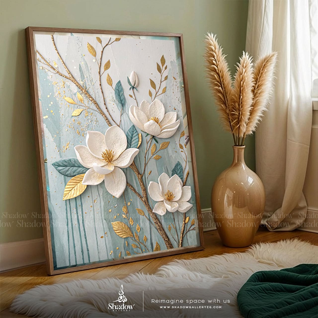 Luxury White and Gold Magnolia Blossom – close-up detail of frame and canvas texture