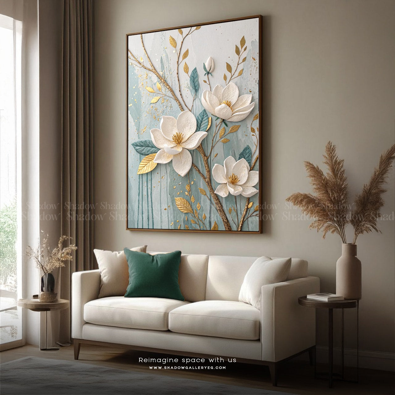 Luxury White and Gold Magnolia Blossom – styled in a modern room setting