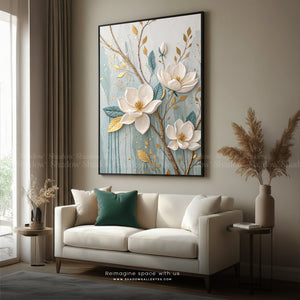Luxury White and Gold Magnolia Blossom – styled in a modern room setting