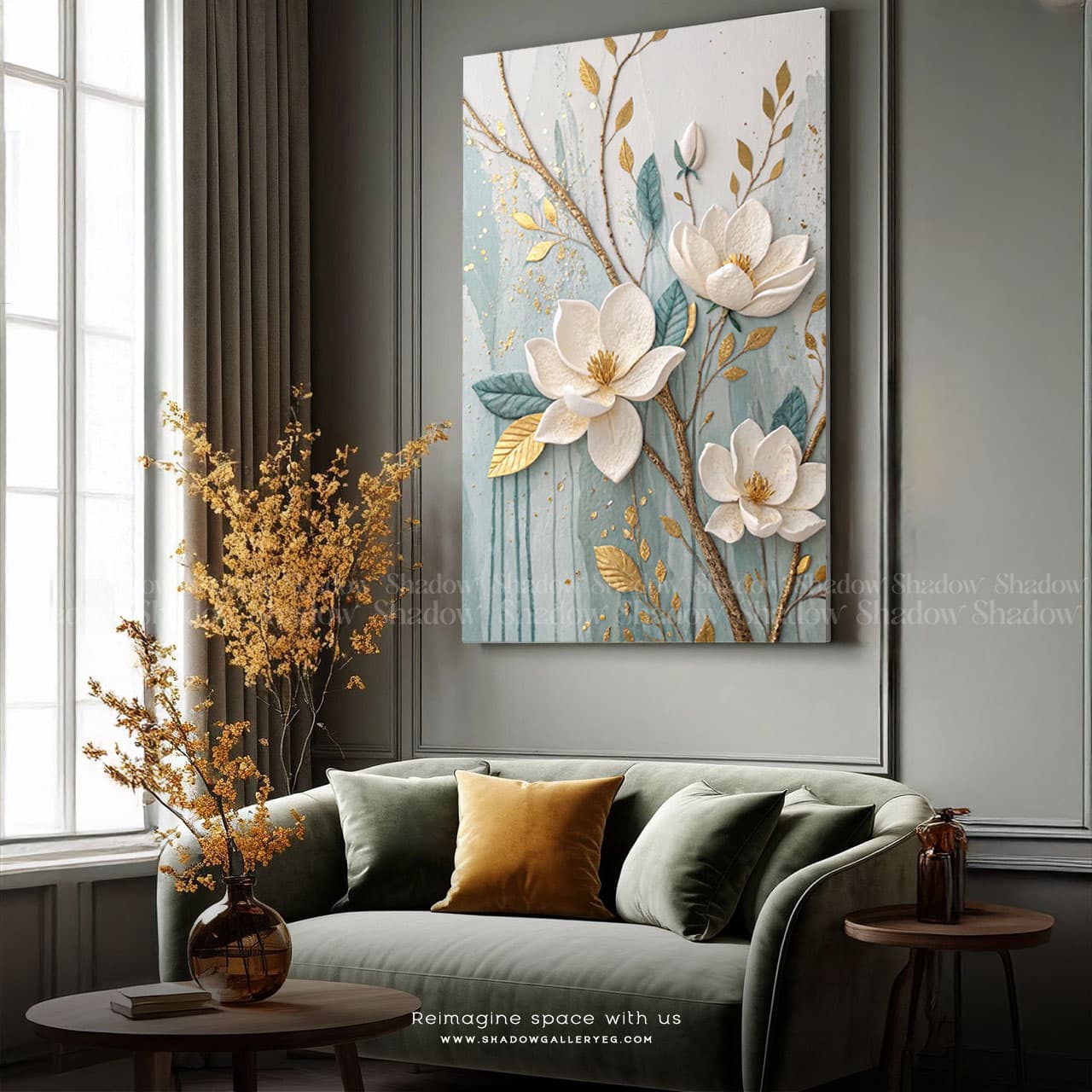 Luxury White and Gold Magnolia Blossom – styled in a modern room setting