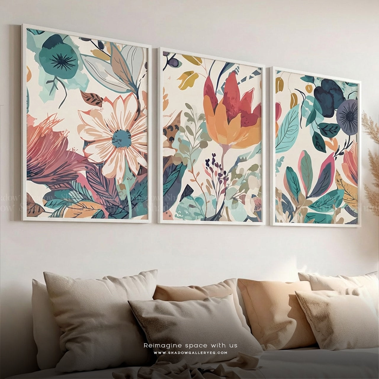 Botanical Colorful Flower Canvas Framed , Set of 3 – styled in a modern room setting