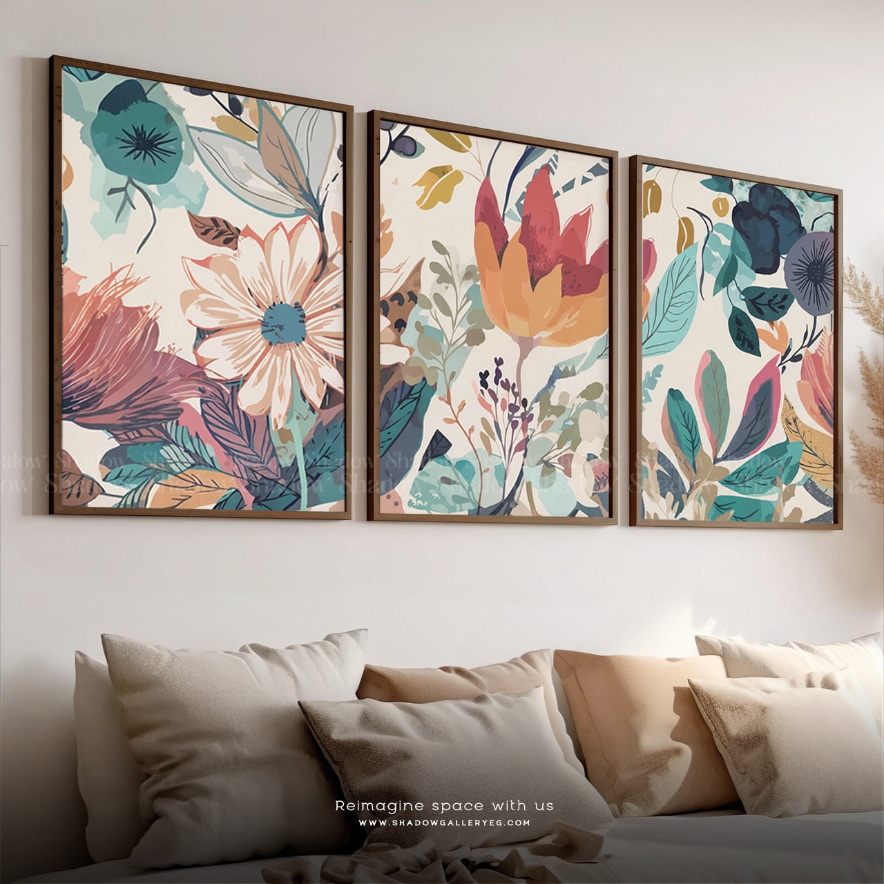 Botanical Colorful Flower Canvas Framed , Set of 3 – close-up detail of frame and canvas texture