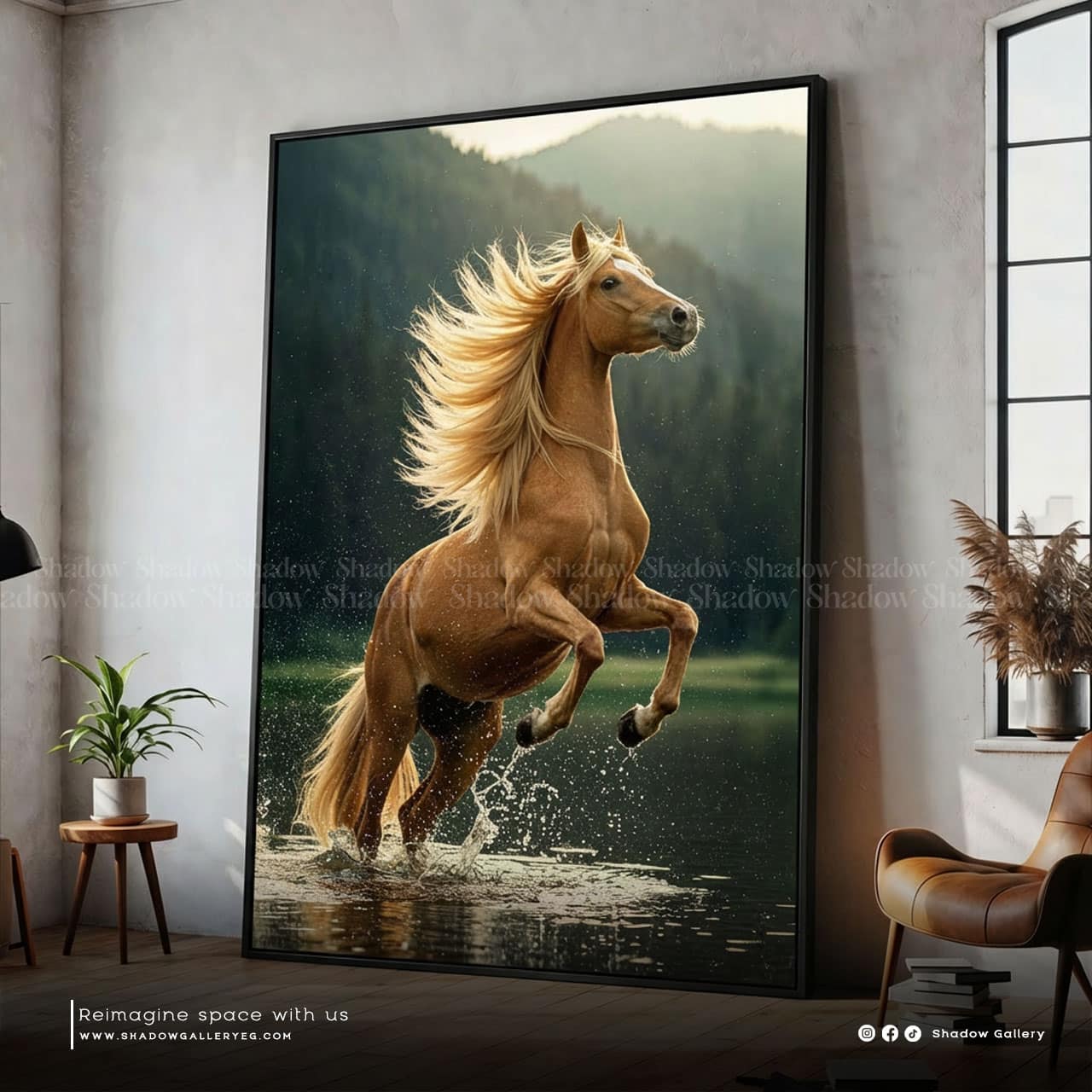 Majestic Golden Horse Running in Water – premium framed canvas wall art