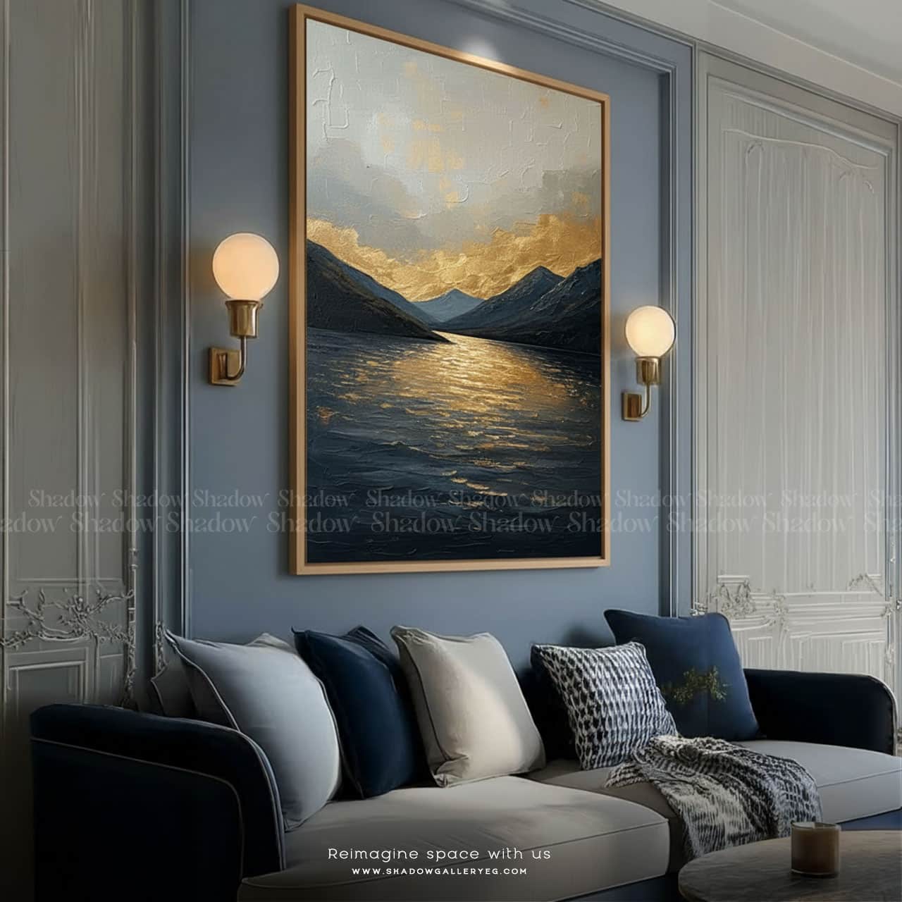 Abstract Blue &amp; Gold Mountain Wall Frame – close-up detail of frame and canvas texture