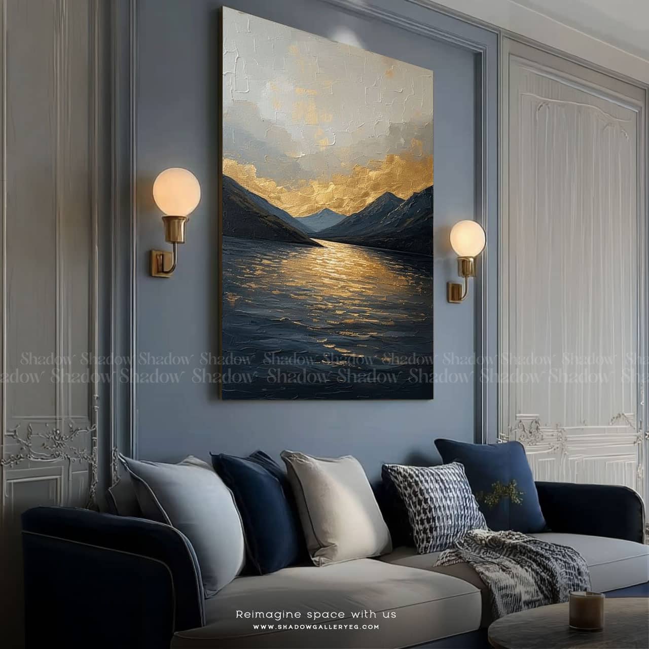 Abstract Blue &amp; Gold Mountain Wall Frame – styled in a modern room setting