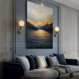 Abstract Blue &amp; Gold Mountain Wall Frame – styled in a modern room setting
