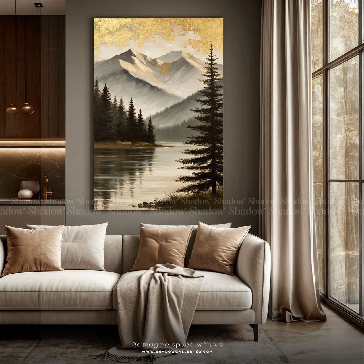 Snowy Sunset Mountain Wall Frame – styled in a modern room setting