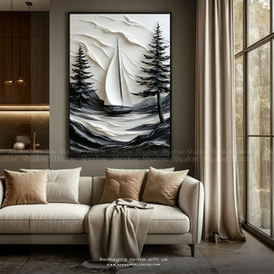 Sailing Boat Canvas Wall Frame Black &amp; White – close-up detail of frame and canvas texture