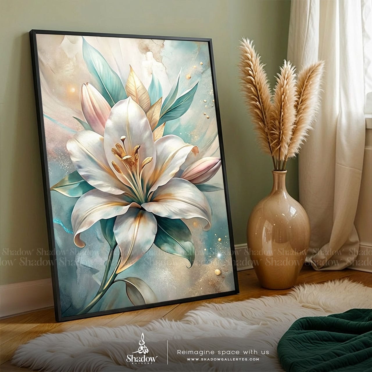 Elegant Lily Blooms Wall Art – styled in a modern room setting