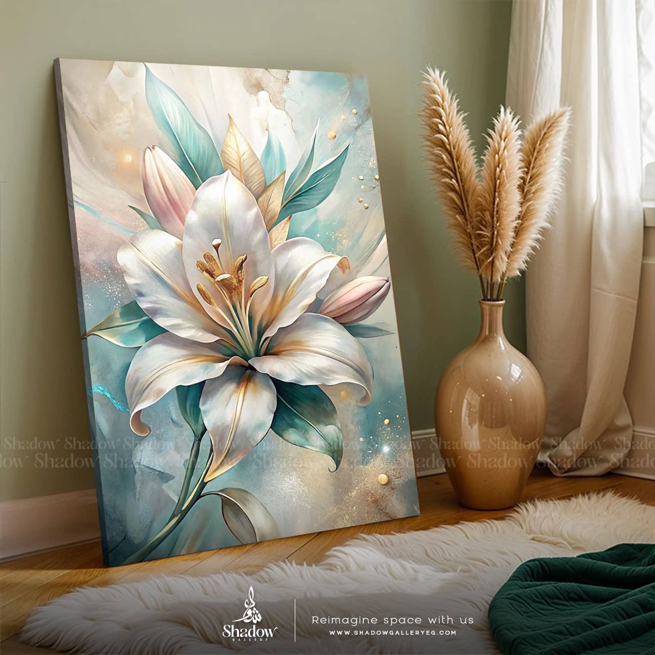 Elegant Lily Blooms Wall Art – close-up detail of frame and canvas texture