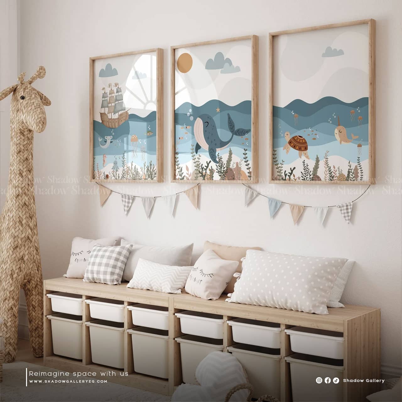 Set of 3 Ocean Nursery – styled in a modern room setting