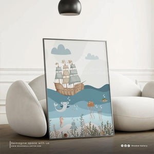 Set of 3 Ocean Nursery – close-up detail of frame and canvas texture