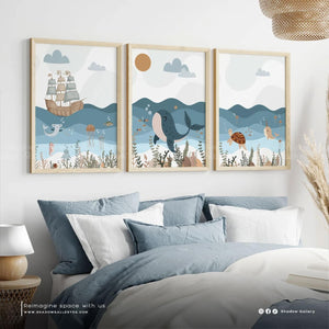 Set of 3 Ocean Nursery – premium framed canvas wall art