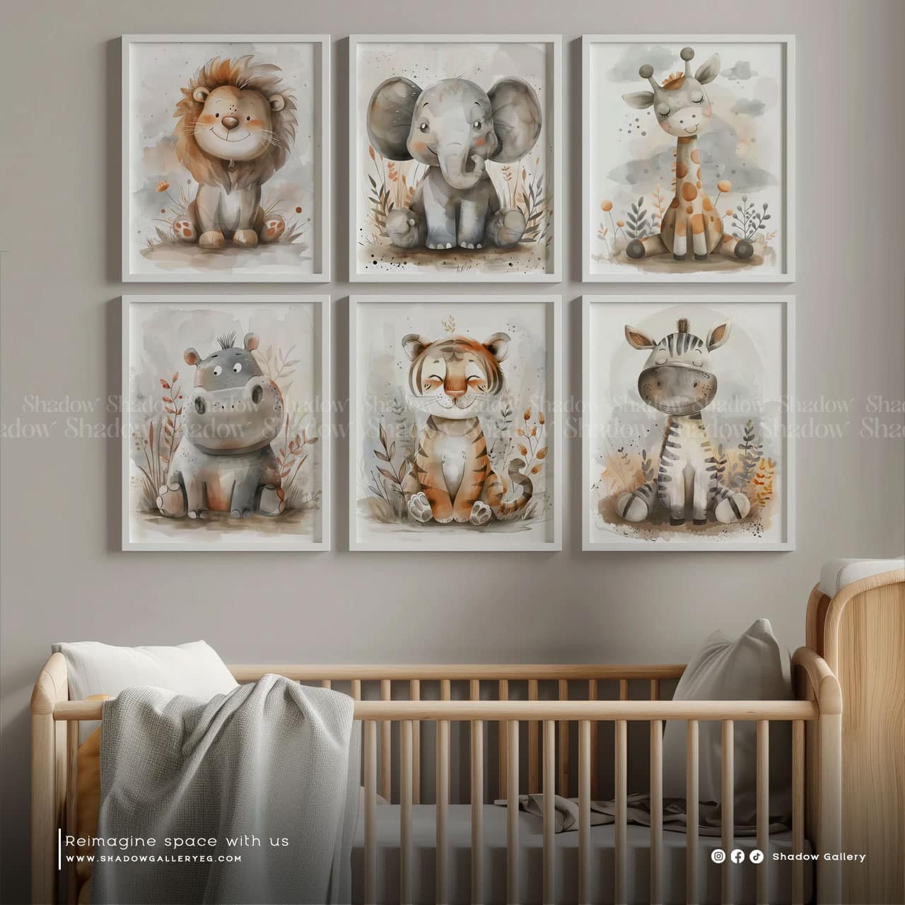 Safari Animal Nursery Wall Art (6-Piece Frame Set) | Shadow Gallery