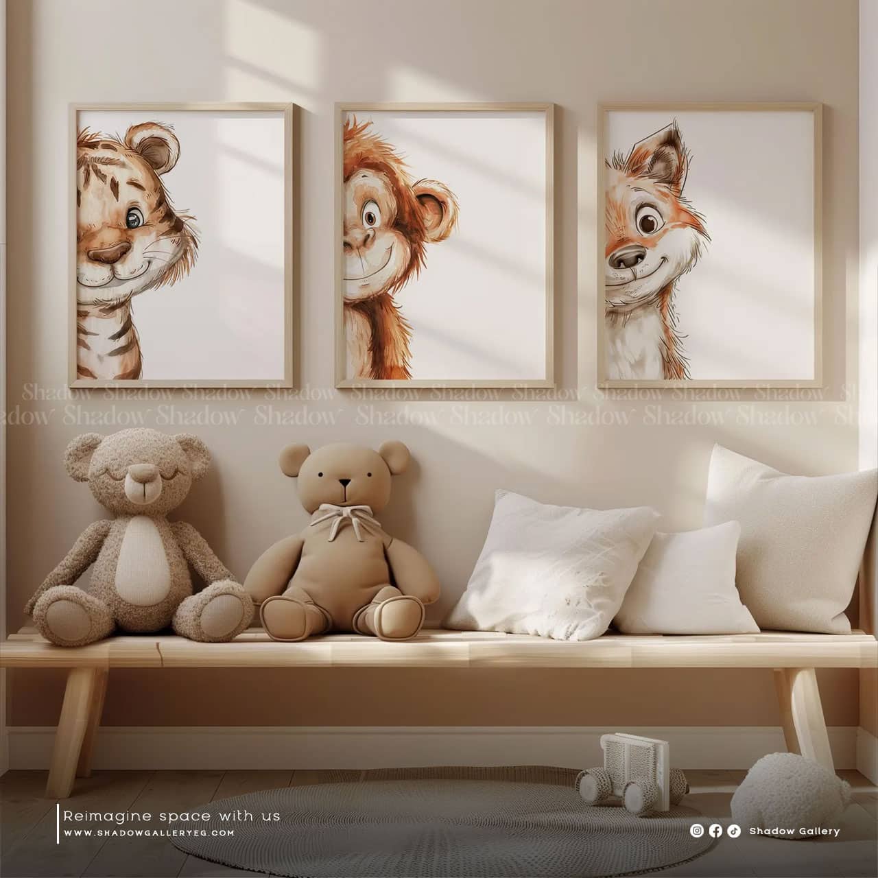 Nursery Wall Art, Cute Animals Prints Set of 3 – styled in a modern room setting