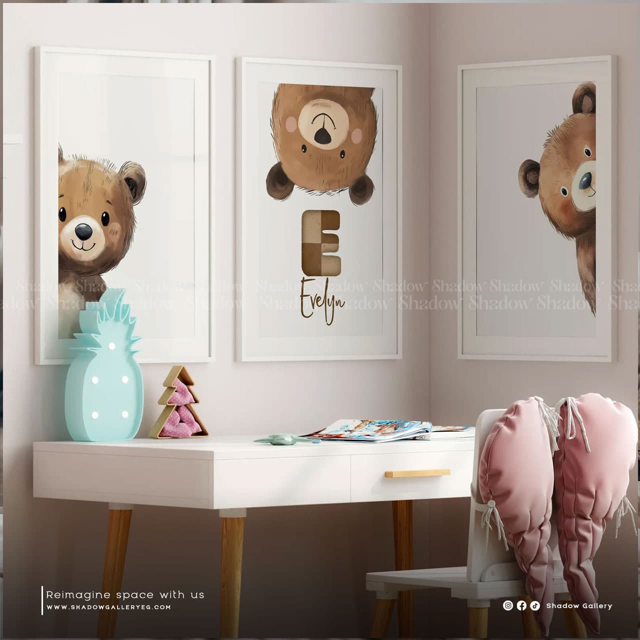 Personalized Bear Print Wall Art, Set of 3 – styled in a modern room setting