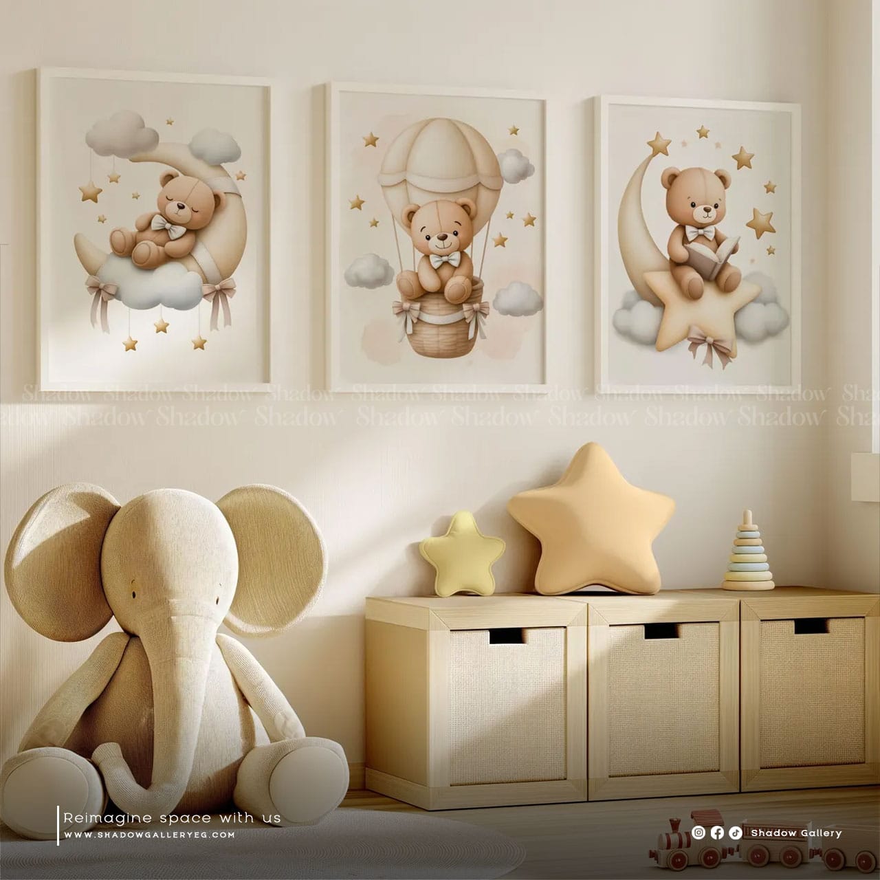 Neutral Teddy Bear Nursery Set of 3 – close-up detail of frame and canvas texture