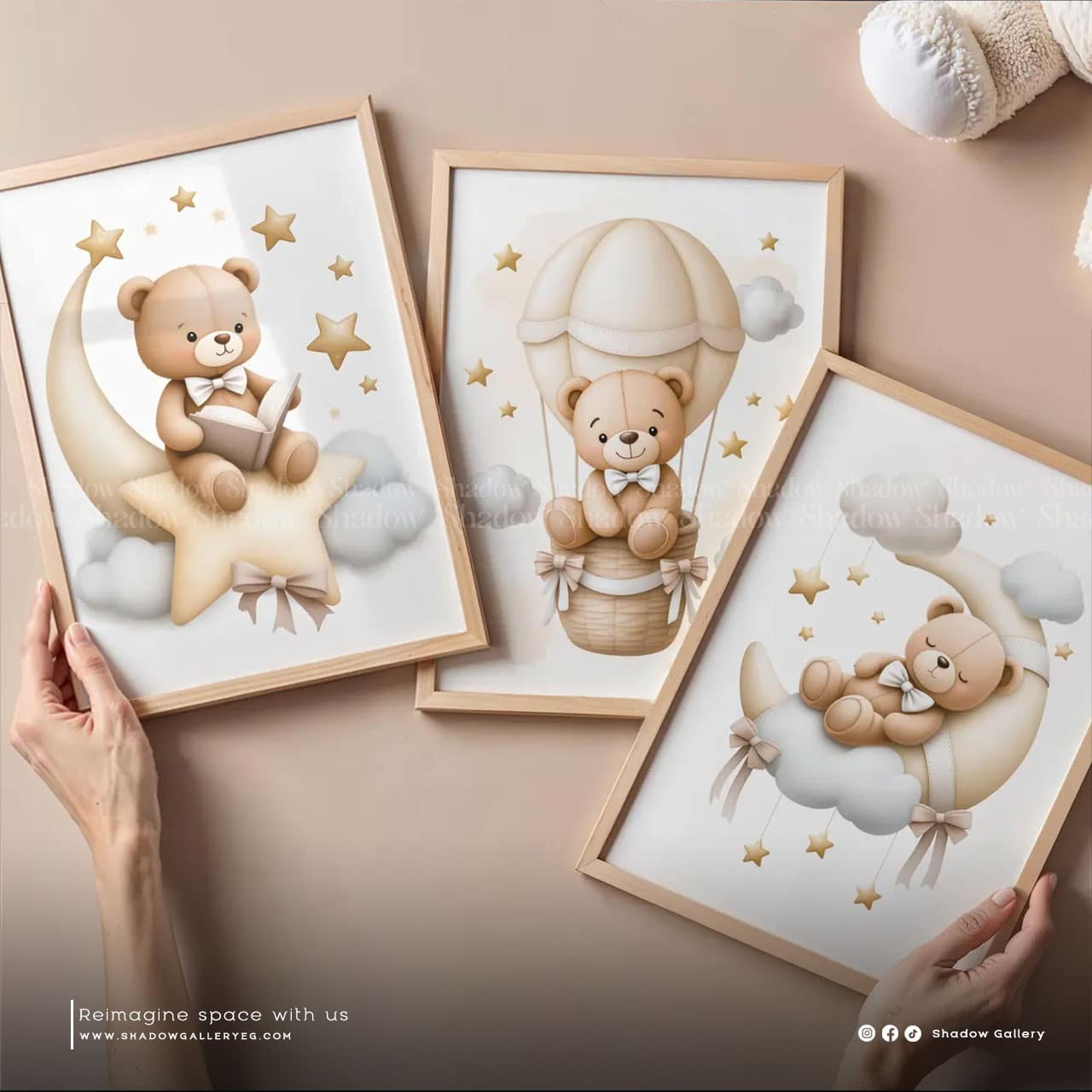 Neutral Teddy Bear Nursery Set of 3 – premium framed canvas wall art