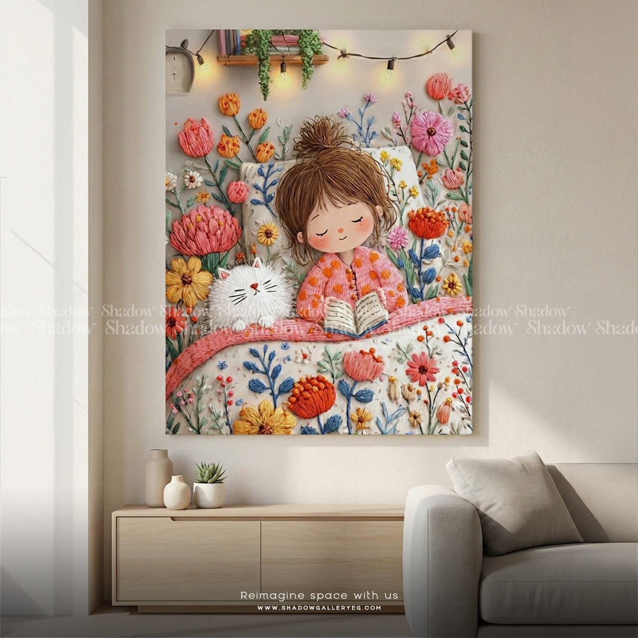 A whimsical illustration a young girl and a white cat – premium framed canvas wall art