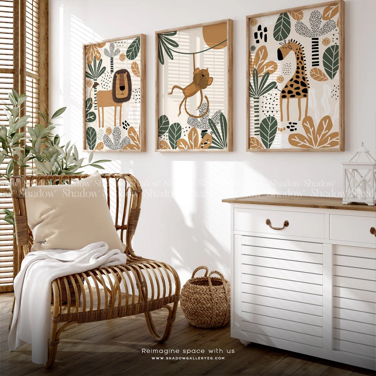 Set of 3 Safari Nursery Wall Art Prints – styled in a modern room setting
