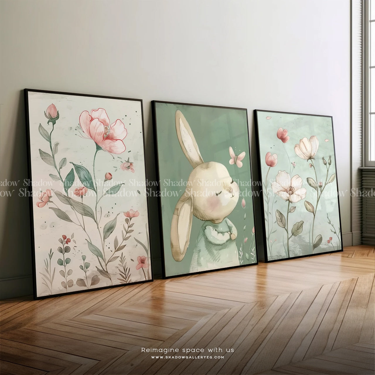 Bunny and Butterfly Floral Nursery Set of 3 – styled in a modern room setting