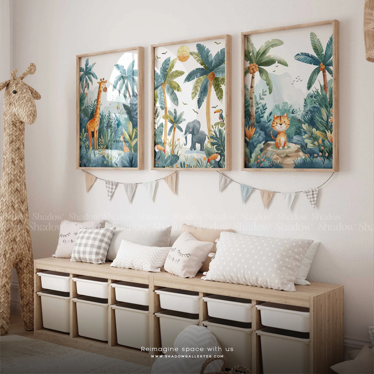 Jungle Nursery Watercolor Art Print Set of 3 – premium framed canvas wall art