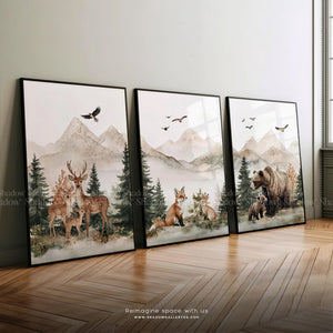 Woodland Nursery Watercolor Art Print Set of 3 – close-up detail of frame and canvas texture