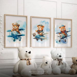 Bear in Airplane Nursery Decor – premium framed canvas wall art