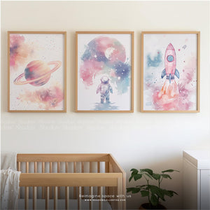 Light Pink Pastel Space Astronaut Set of 3 – premium framed canvas wall art