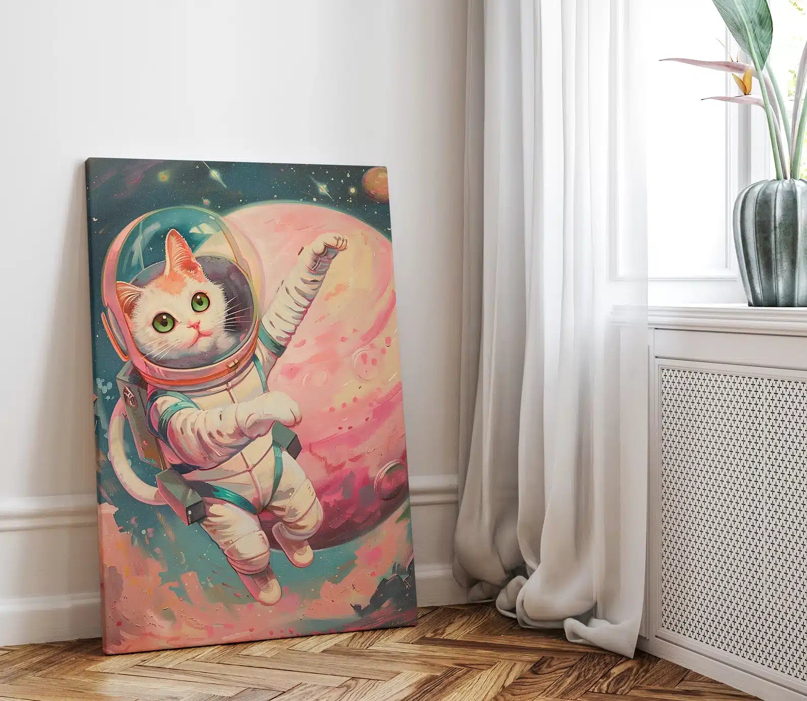 Cat Astronaut Cat Space Art, Retro Style – styled in a modern room setting