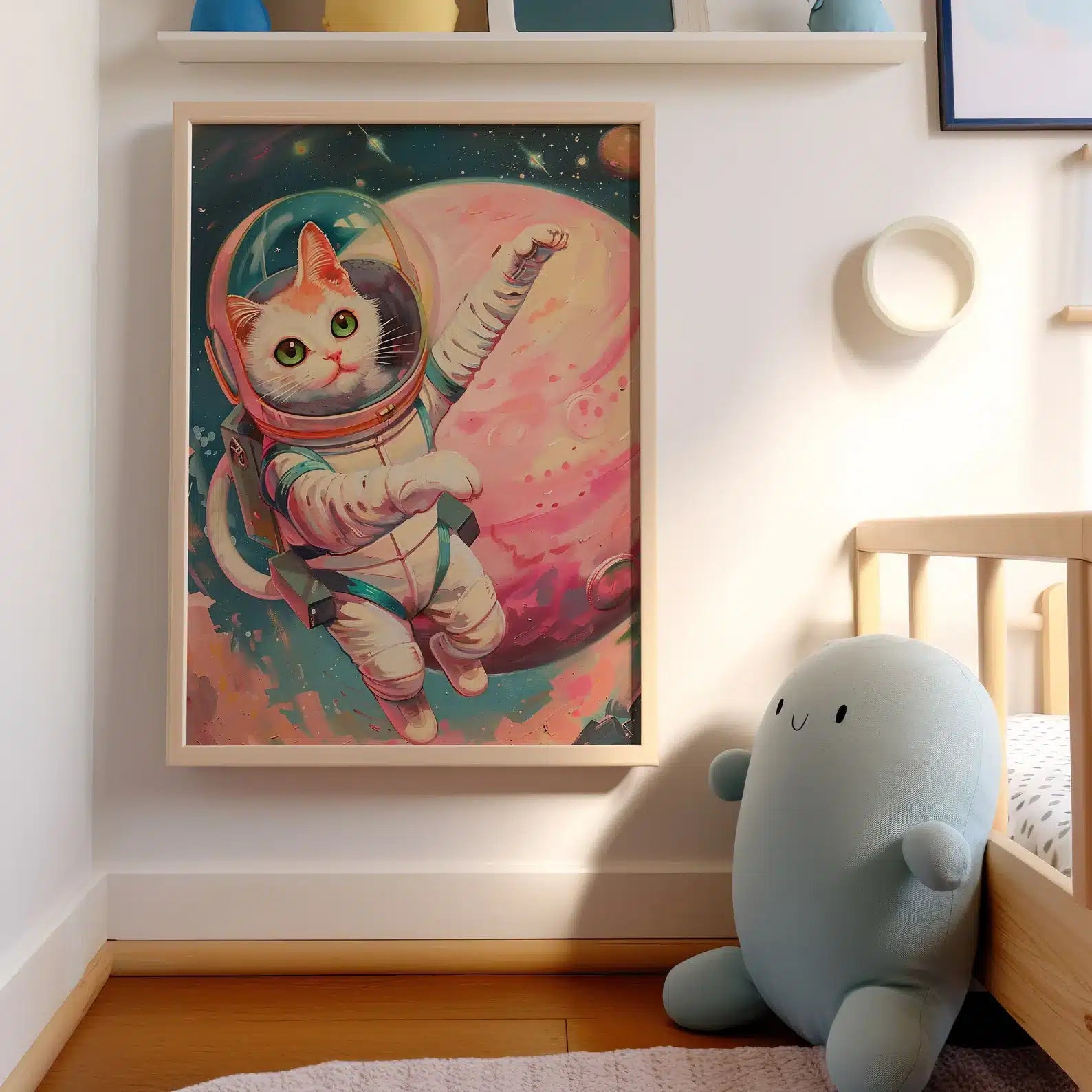 Cat Astronaut Cat Space Art, Retro Style – styled in a modern room setting