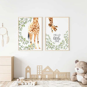 Giraffe Nursery Prints Set: Boho Safari Animal Art – styled in a modern room setting