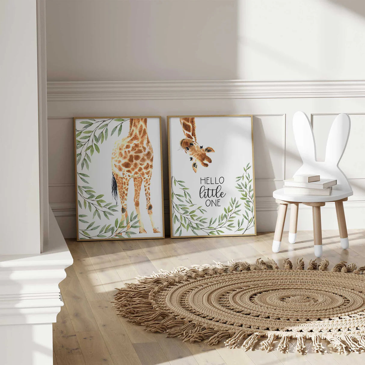 Giraffe Nursery Prints Set: Boho Safari Animal Art – close-up detail of frame and canvas texture