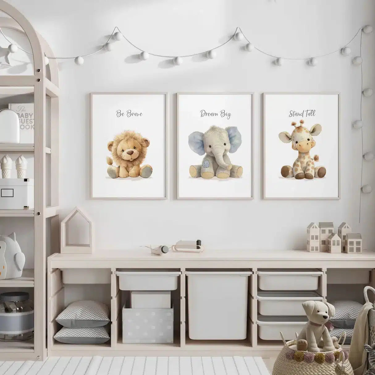 Safari Animal Nursery Prints:  Lion, Giraffe, Elephant Art – styled in a modern room setting