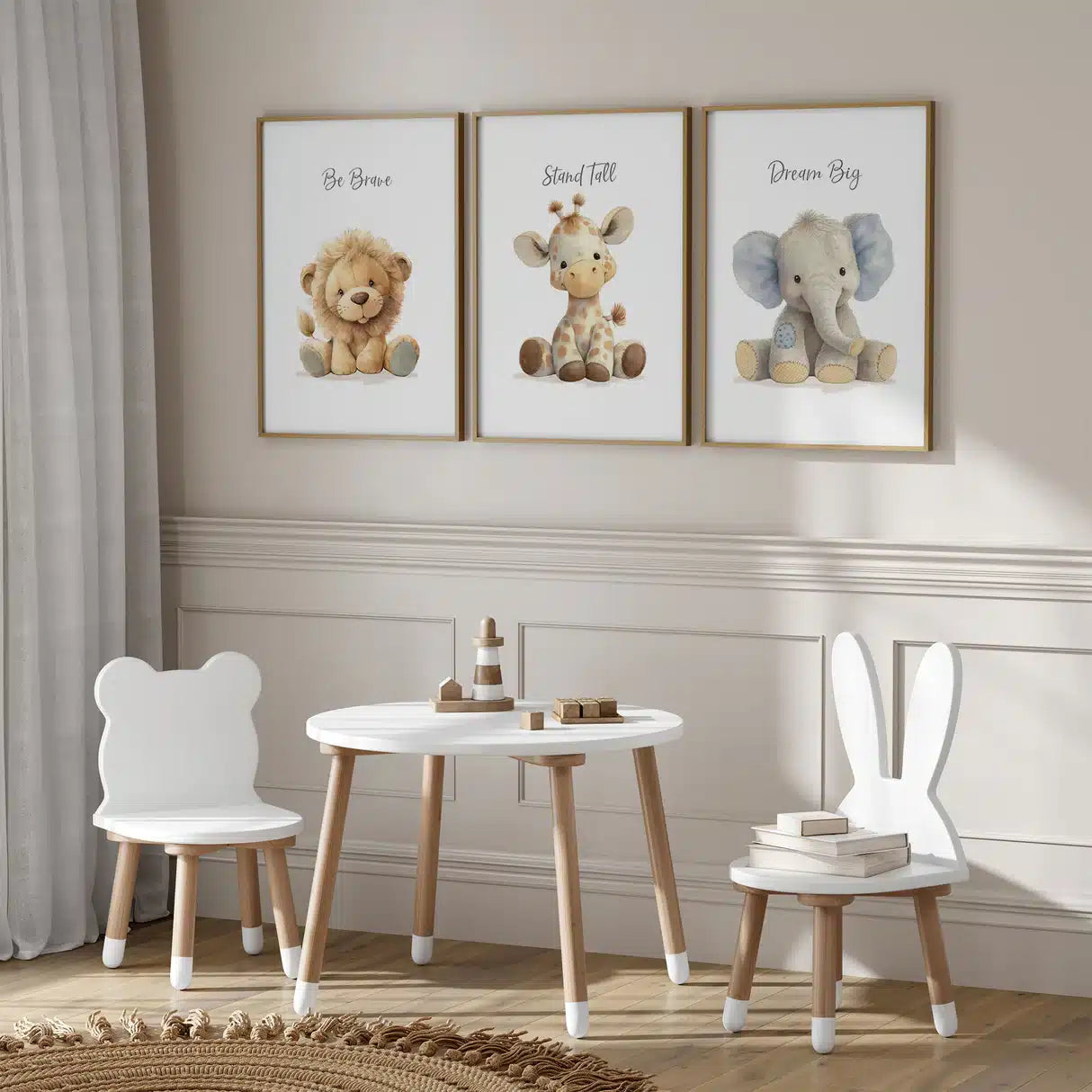 Safari Animal Nursery Prints:  Lion, Giraffe, Elephant Art – close-up detail of frame and canvas texture