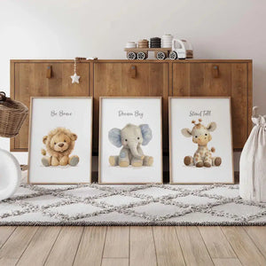 Safari Animal Nursery Prints:  Lion, Giraffe, Elephant Art – styled in a modern room setting