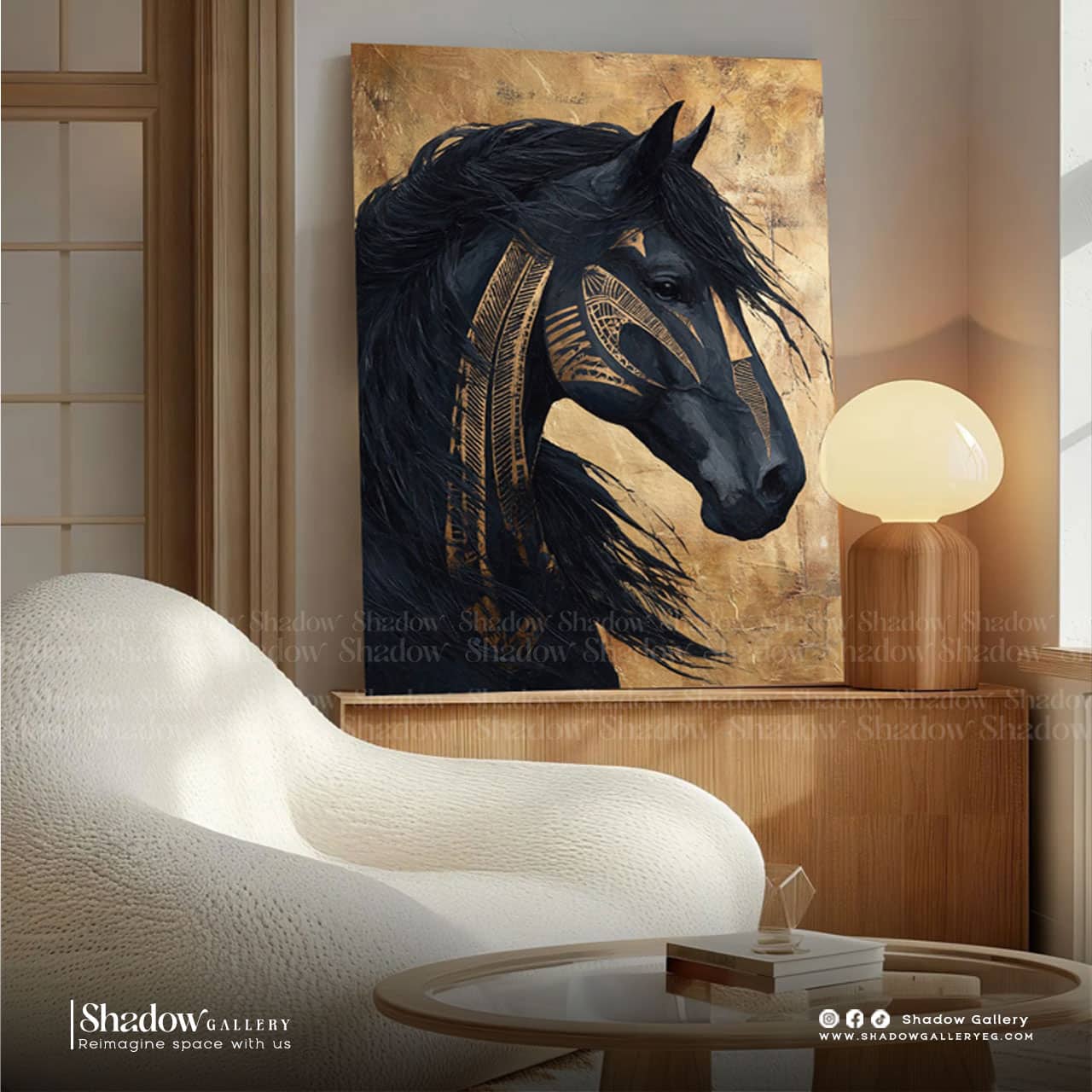Majestic Black Arabian Horse Portrait with Gold Leaf Accents – premium framed canvas wall art