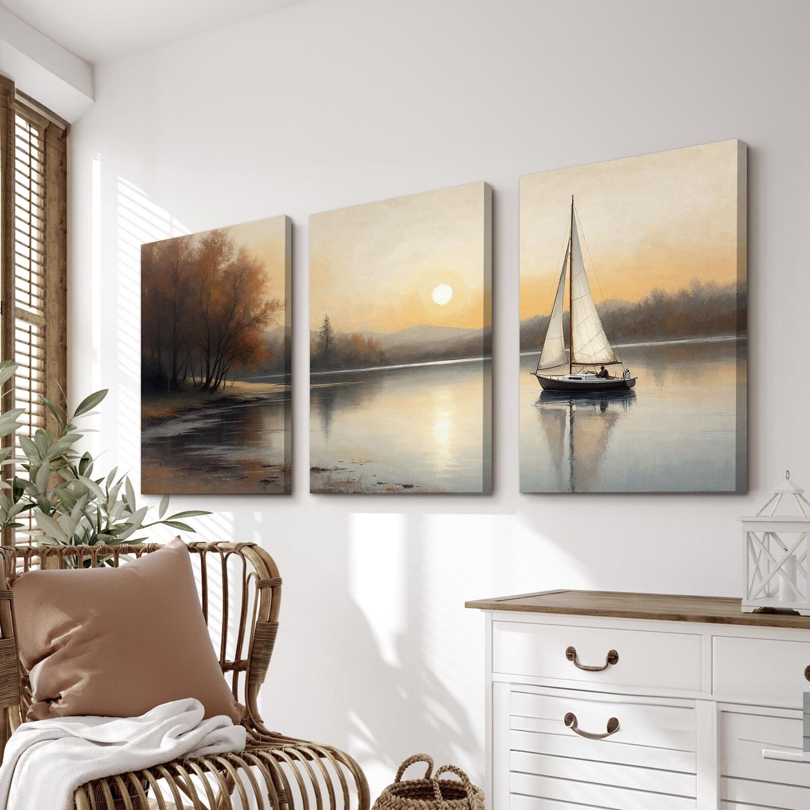 Sailboat Lake Triptych Set of 3 – close-up detail of frame and canvas texture