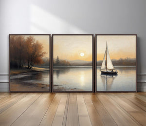 Sailboat Lake Triptych Set of 3 – styled in a modern room setting