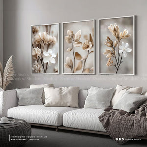 Botanical Plants, Sepia Neutral, Set of 3 – close-up detail of frame and canvas texture