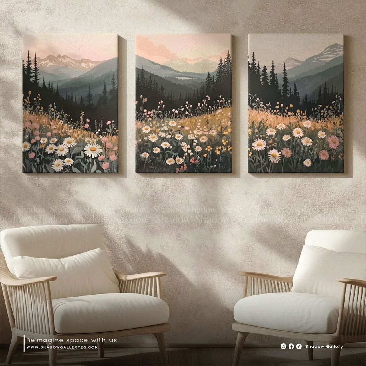 Set of 3 | Boho Mountain Sunset Print – close-up detail of frame and canvas texture