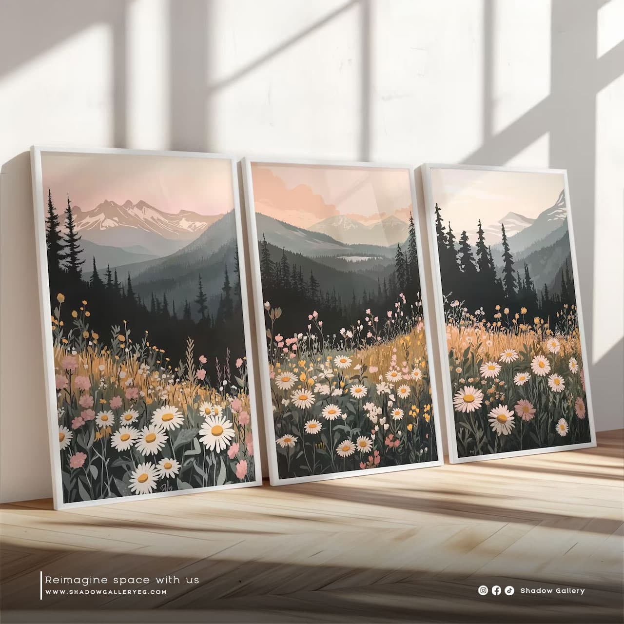 Set of 3 | Boho Mountain Sunset Print – styled in a modern room setting