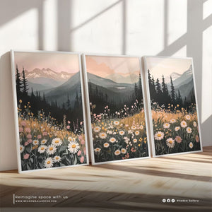 Set of 3 | Boho Mountain Sunset Print – styled in a modern room setting