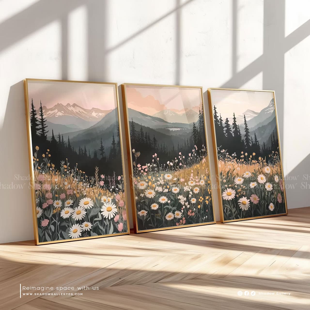Set of 3 | Boho Mountain Sunset Print – styled in a modern room setting