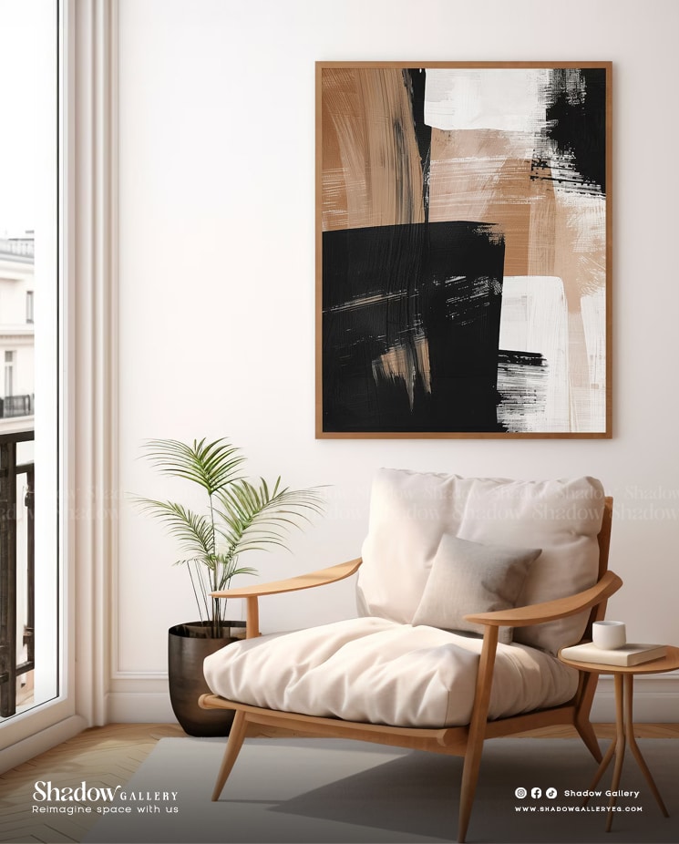 Modern Abstract Black & Tan Textured Wall Art – close-up detail of frame and canvas texture