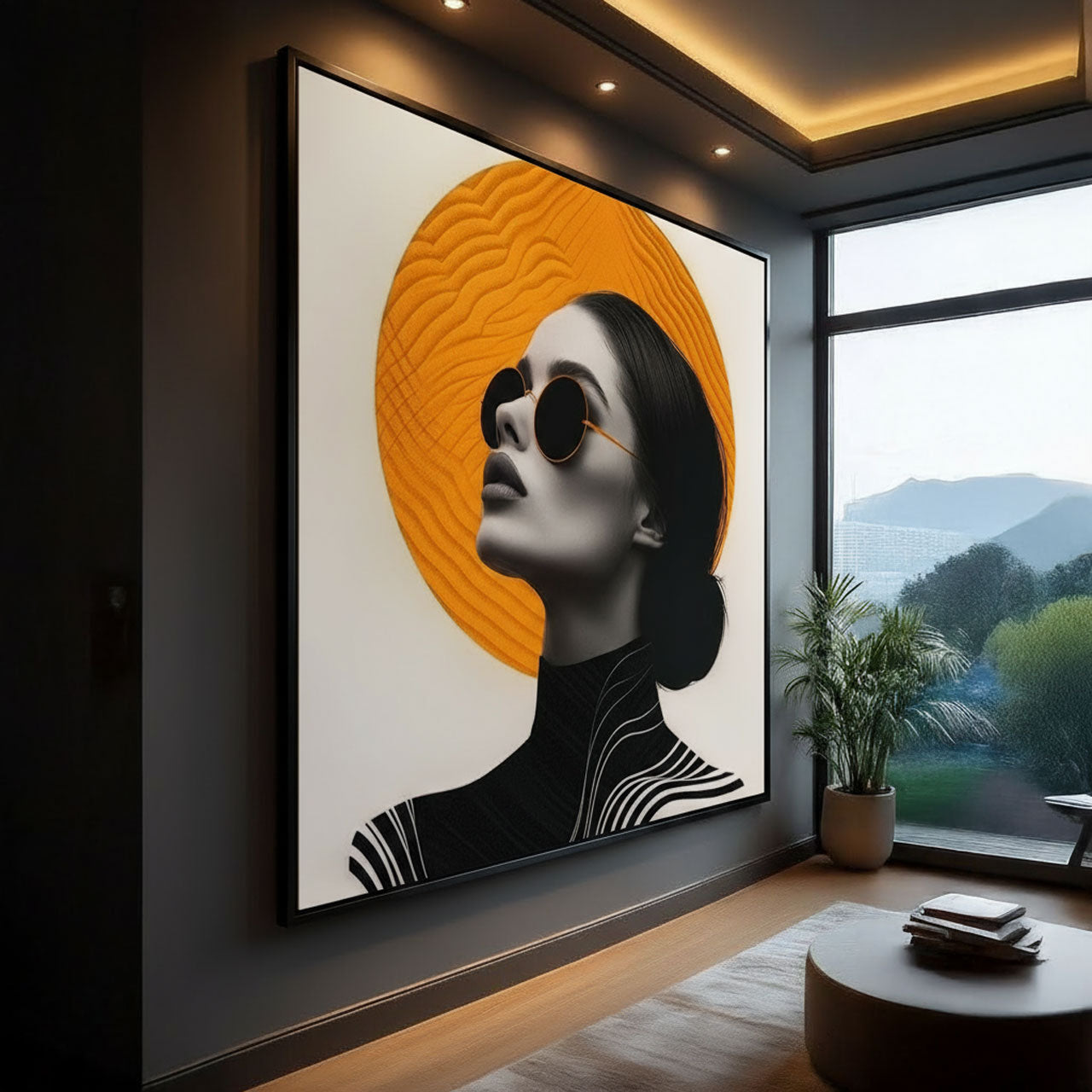 Elegant Woman Portrait Art Print in Orange and black – premium framed canvas wall art