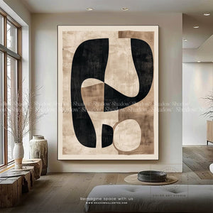 Large Beige Boho Painting Neutral Color – styled in a modern room setting